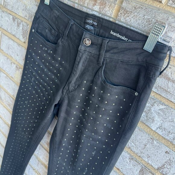BEBE Heartbreaker Cropped Rhinestones Front Gray/Black Jeans Size 28. - Picture 5 of 9